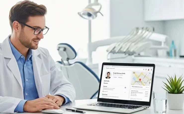 Dentist reviewing local SEO and online search visibility for a dental practice